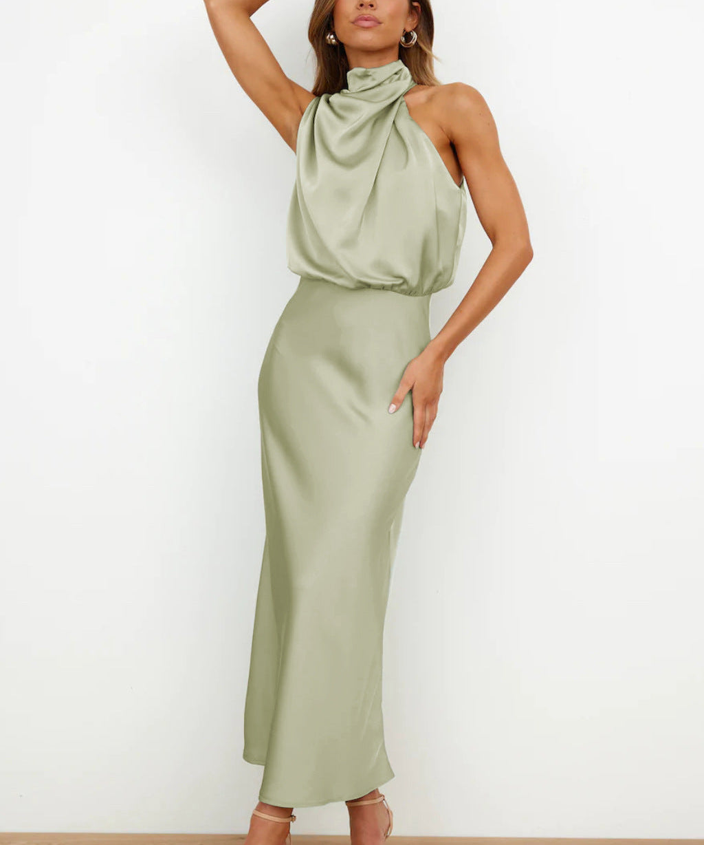 Amelie satijnen halterjurk dames – elegante midi-jurk met watervalhals