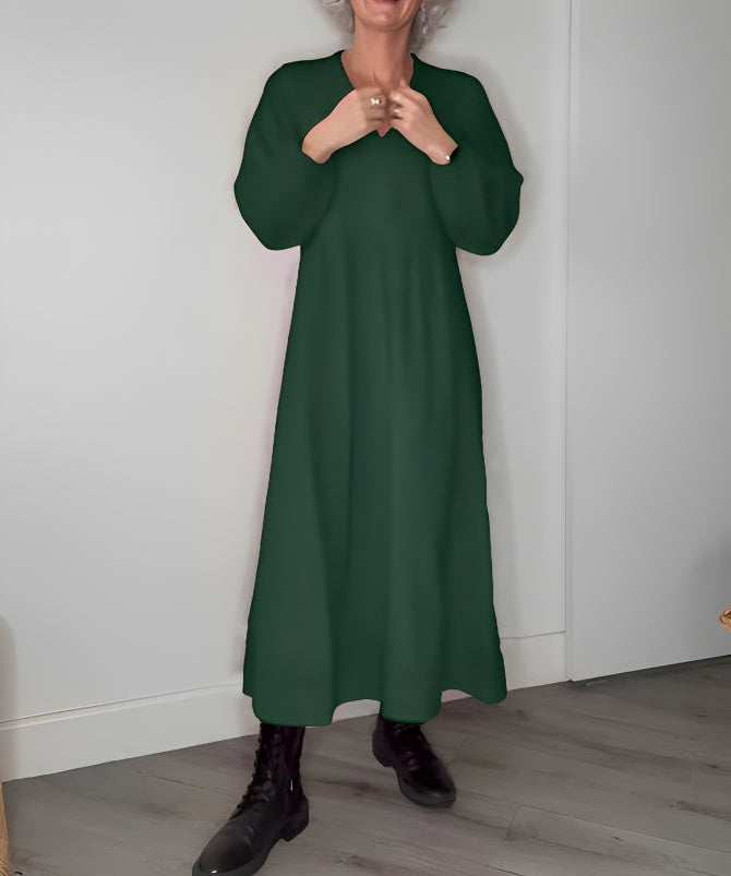 Amanda dames lange jurk – flatterende V-hals jurk met lange mouwen voor winter en feestelijke gelegenheden