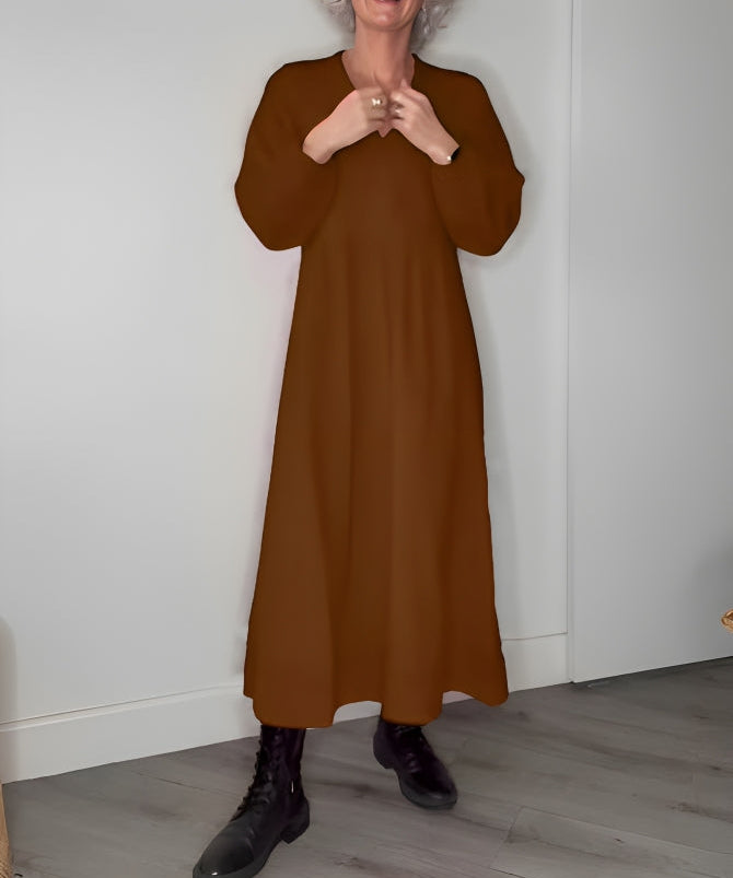 Amanda dames lange jurk – flatterende V-hals jurk met lange mouwen voor winter en feestelijke gelegenheden