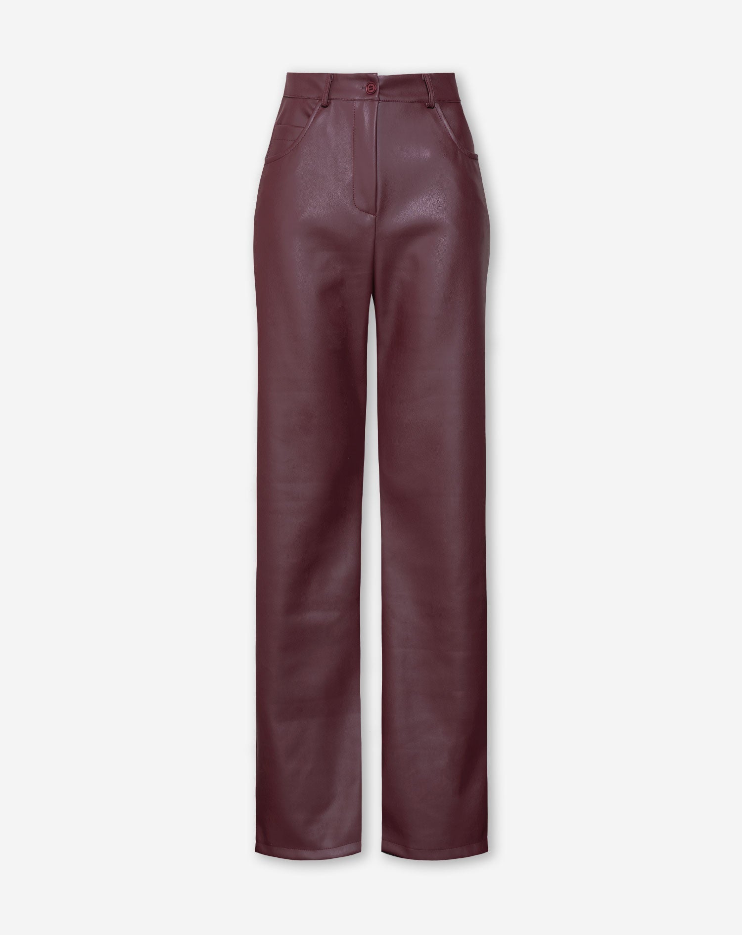 Petite leren broek dames – straight leg PU pants in bordeaux rood
