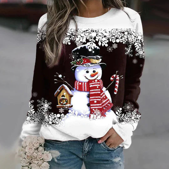 Cosy Sweater met Sneeuwpopprint voor Dames – Warme Wintertrui met Feestelijke Stijl