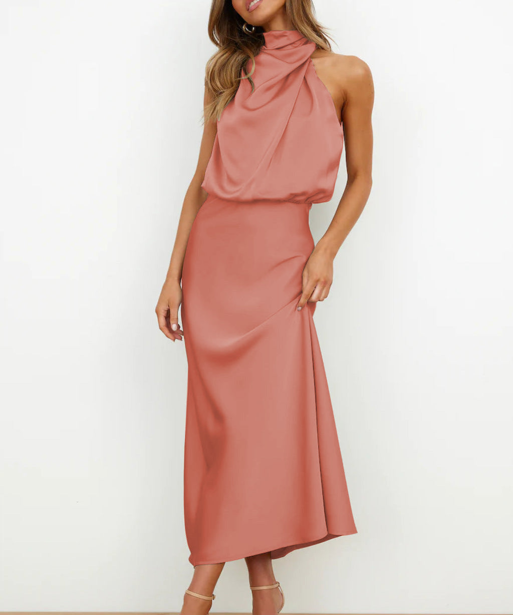 Amelie satijnen halterjurk dames – elegante midi-jurk met watervalhals