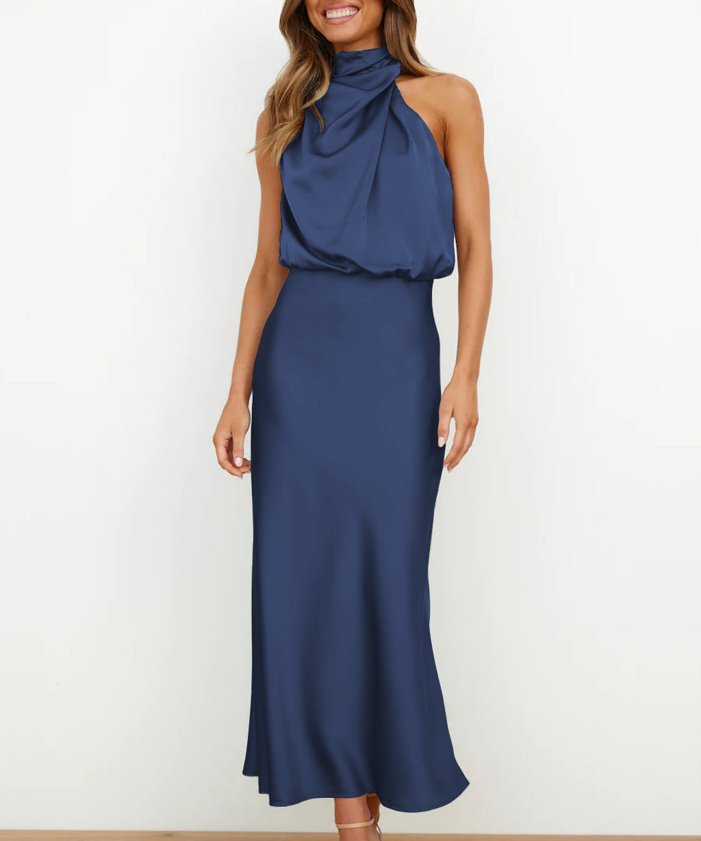 Amelie satijnen halterjurk dames – elegante midi-jurk met watervalhals