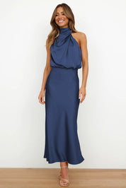 Amelie satijnen halterjurk dames – elegante midi-jurk met watervalhals
