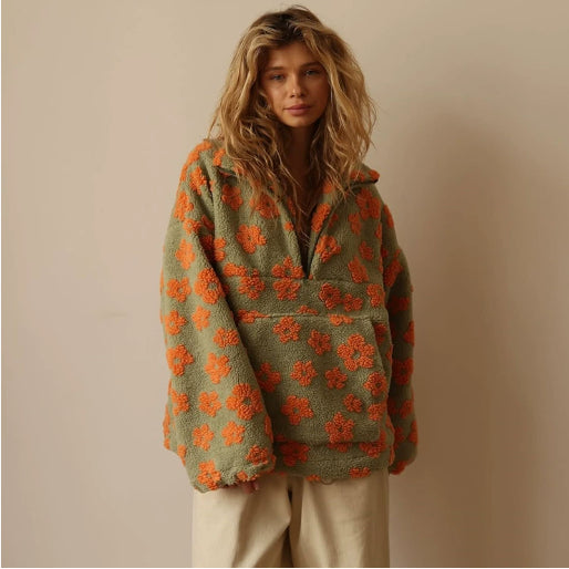 Dames fleece sweatshirt – warm zwart shirt met hoge kraag en grote zak