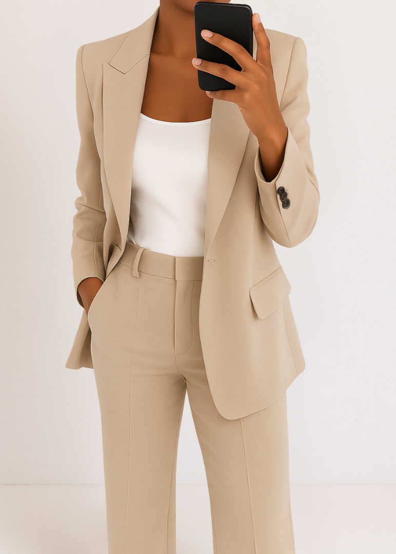 Dames broekpak – chique two-piece set met tailored blazer en rechte pantalon