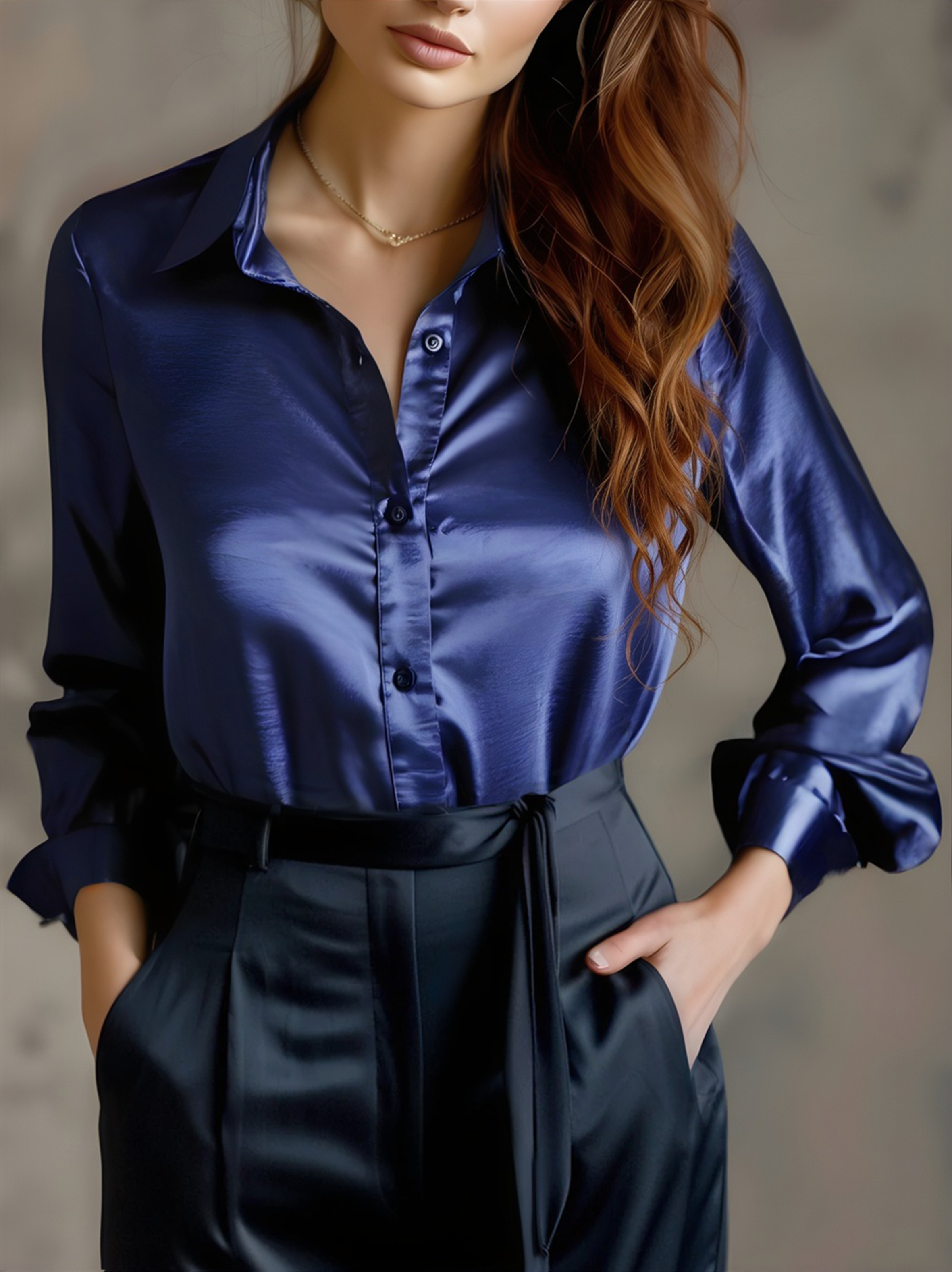 Zwarte satijnen dames blouse – elegante blouse met lange mouwen en luxueuze glans