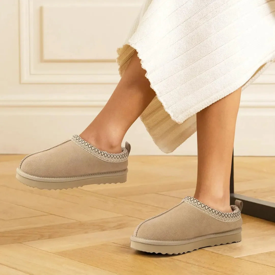 Leren pantoffels dames – luxe suède sloffen met warme pluche voering