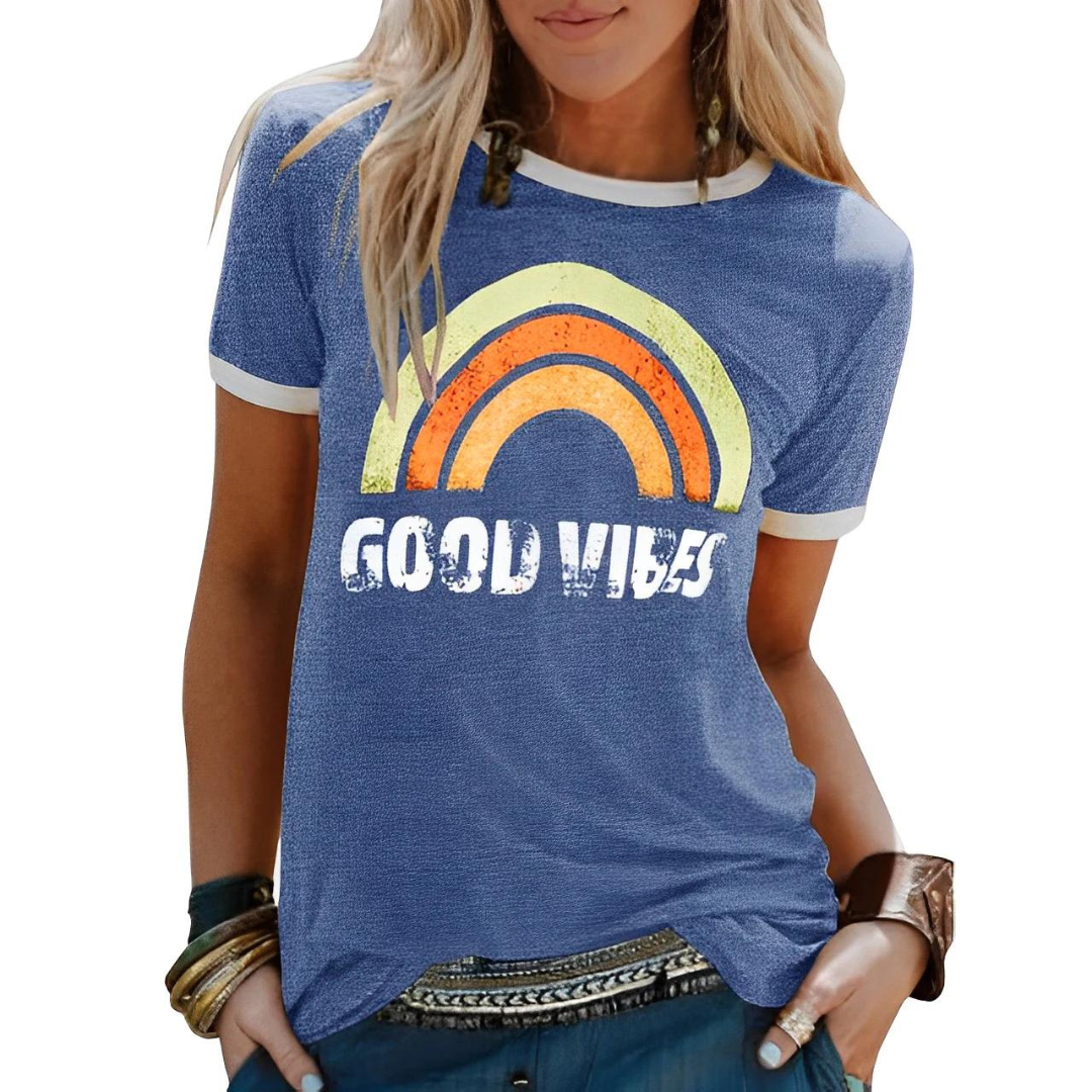 Good Vibes shirt Brandi – regenboogprint dames T-shirt katoenmix