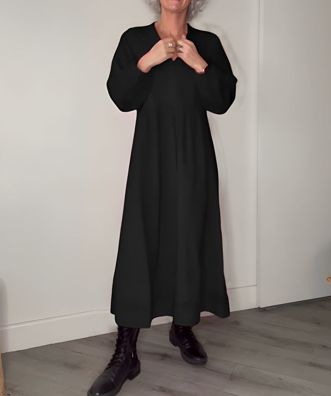 Amanda dames lange jurk – flatterende V-hals jurk met lange mouwen voor winter en feestelijke gelegenheden