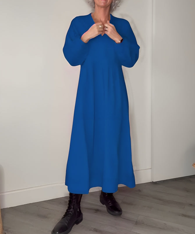 Amanda dames lange jurk – flatterende V-hals jurk met lange mouwen voor winter en feestelijke gelegenheden