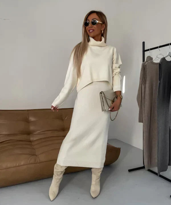 Solange dames set – elegante midi-jurk met bijpassende coltrui voor herfst en winter