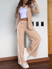 Blazer Broek Set Dames – Luxe Gestreepte Tweedelige Outfit van Katoen