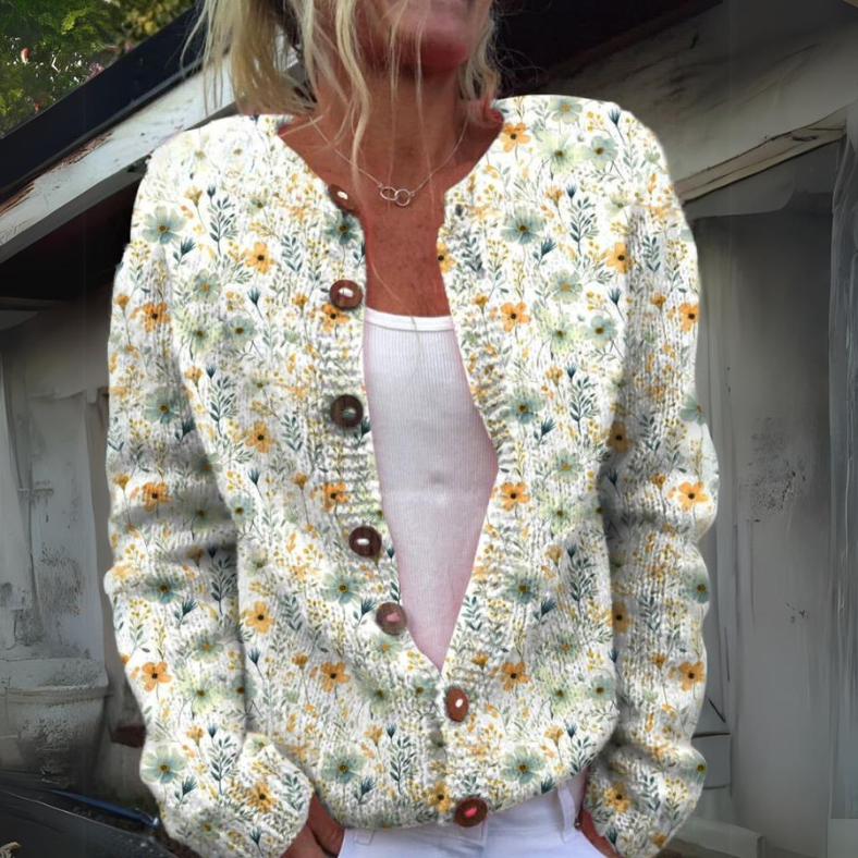 Gebreide Cardigan Dames – Vest met Knopen & Bloemenprint | Comfortabele Damestrui