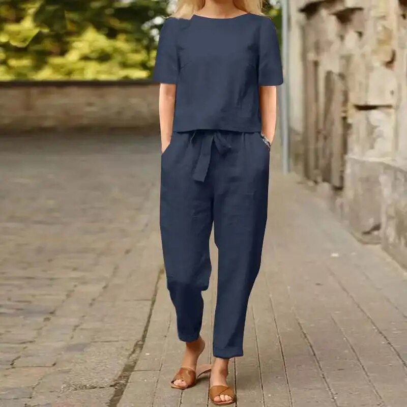 Linnen Jumpsuit Dames | Modieuze Tweedelige Set met Wijde Broek en Casual Top