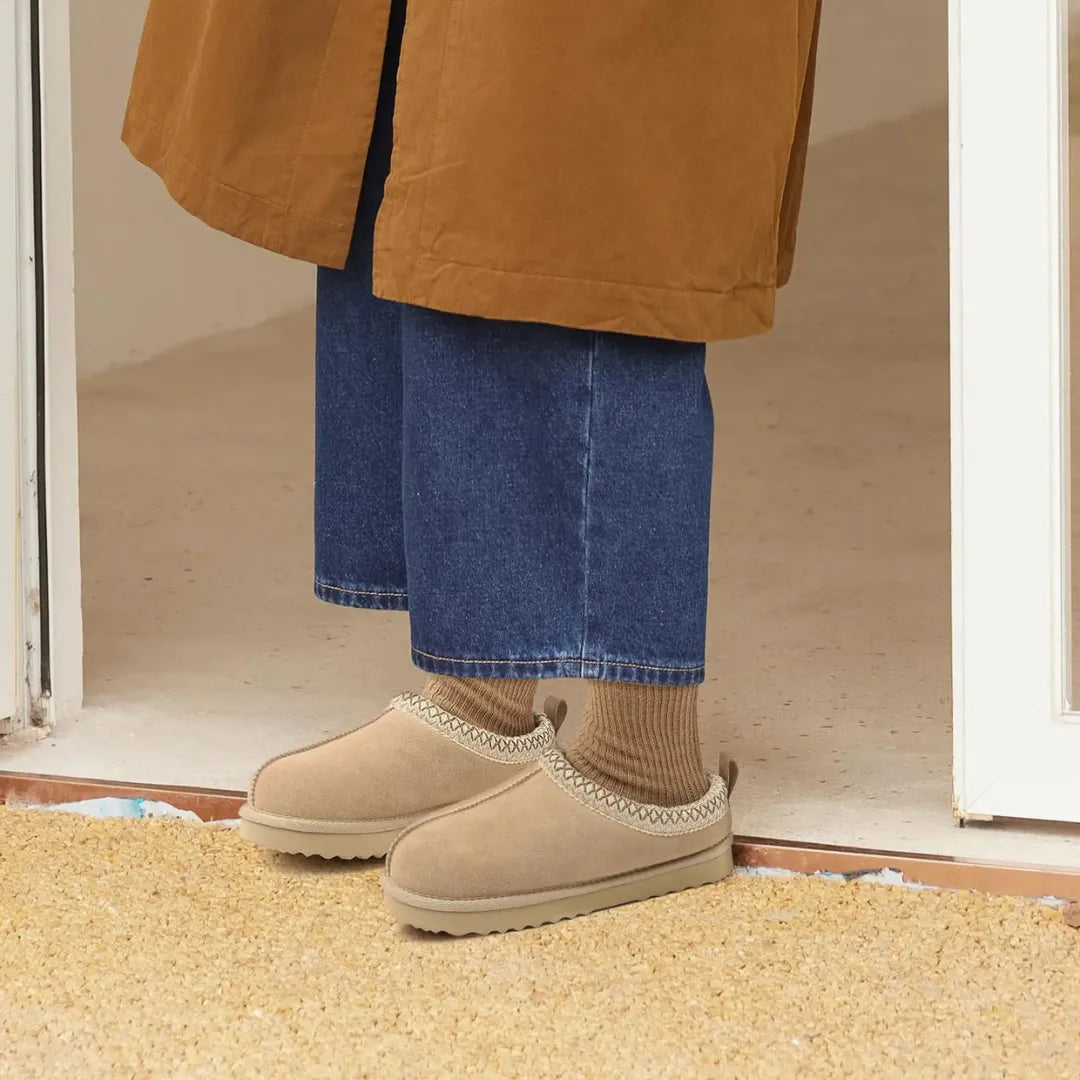 Leren pantoffels dames – luxe suède sloffen met warme pluche voering