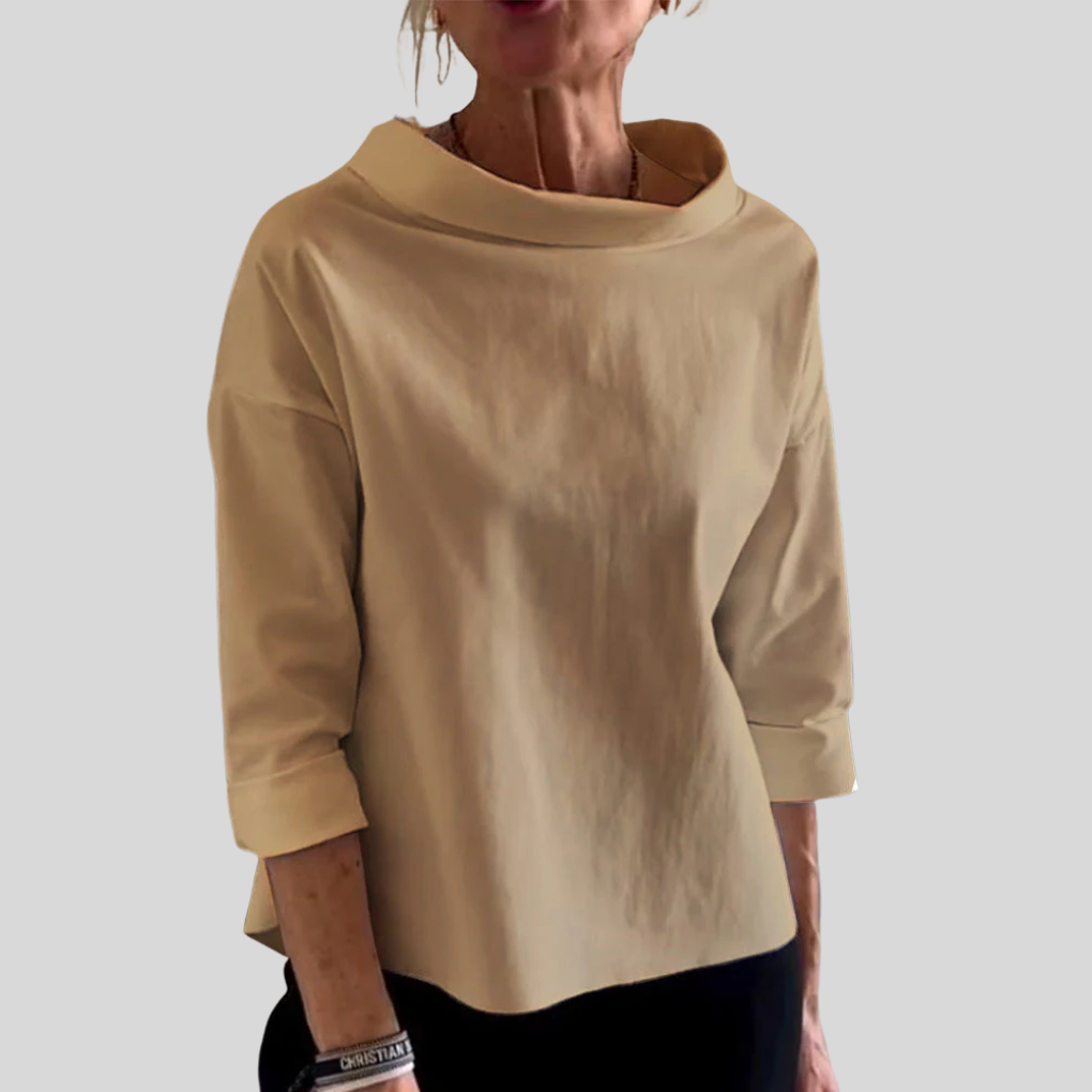Elegante dames top – moderne lange mouw top met hoge kraag