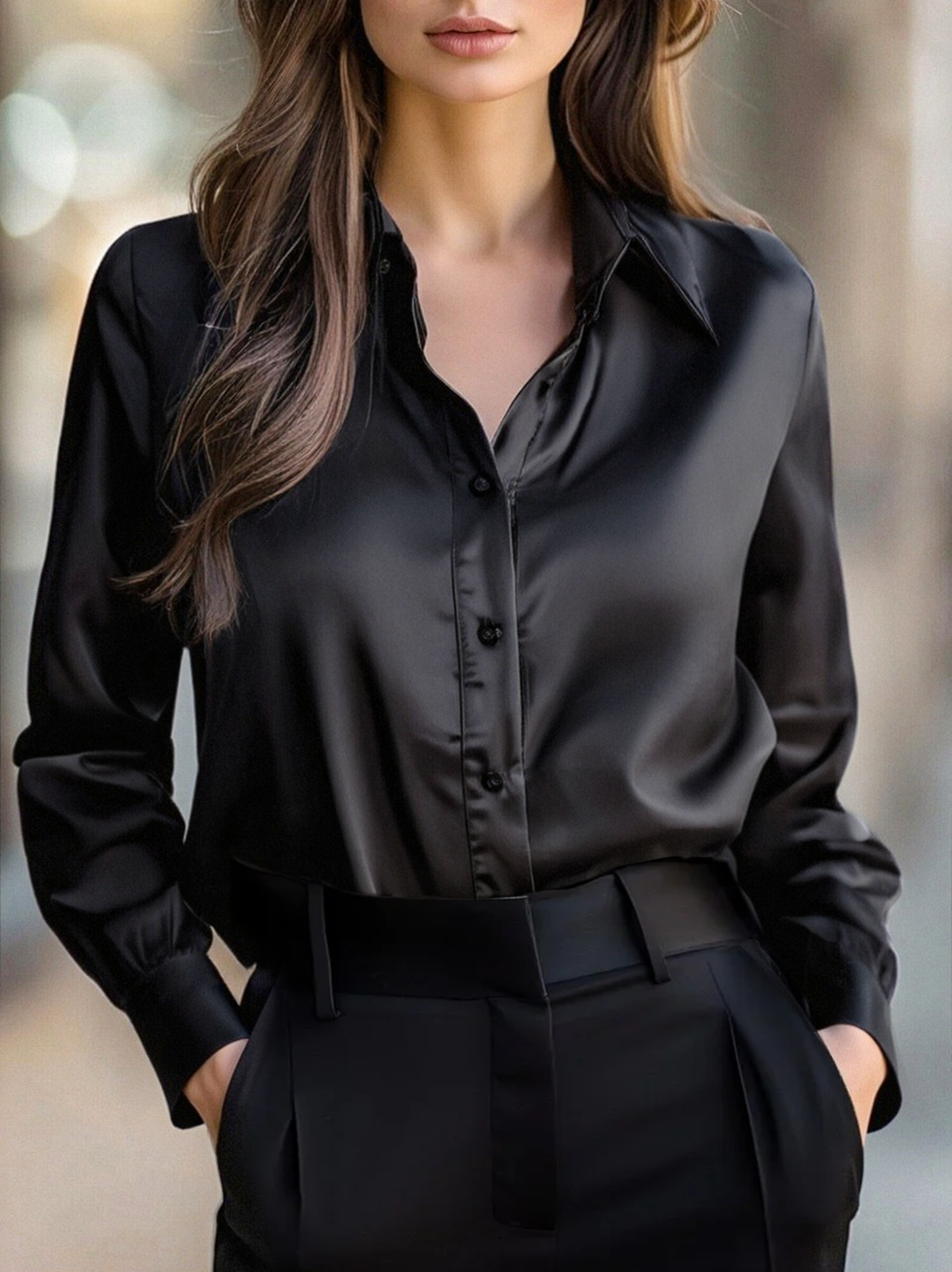 Zwarte satijnen dames blouse – elegante blouse met lange mouwen en luxueuze glans