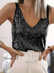 Dames glitter top – elegante pailletten V-hals top voor feest en avondlook