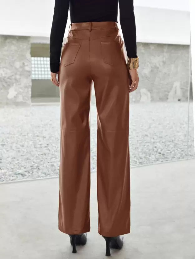 Dames Leren Broek – High-Waist Broek met Wijde Pijpen, Volledige Lengte & Zakken