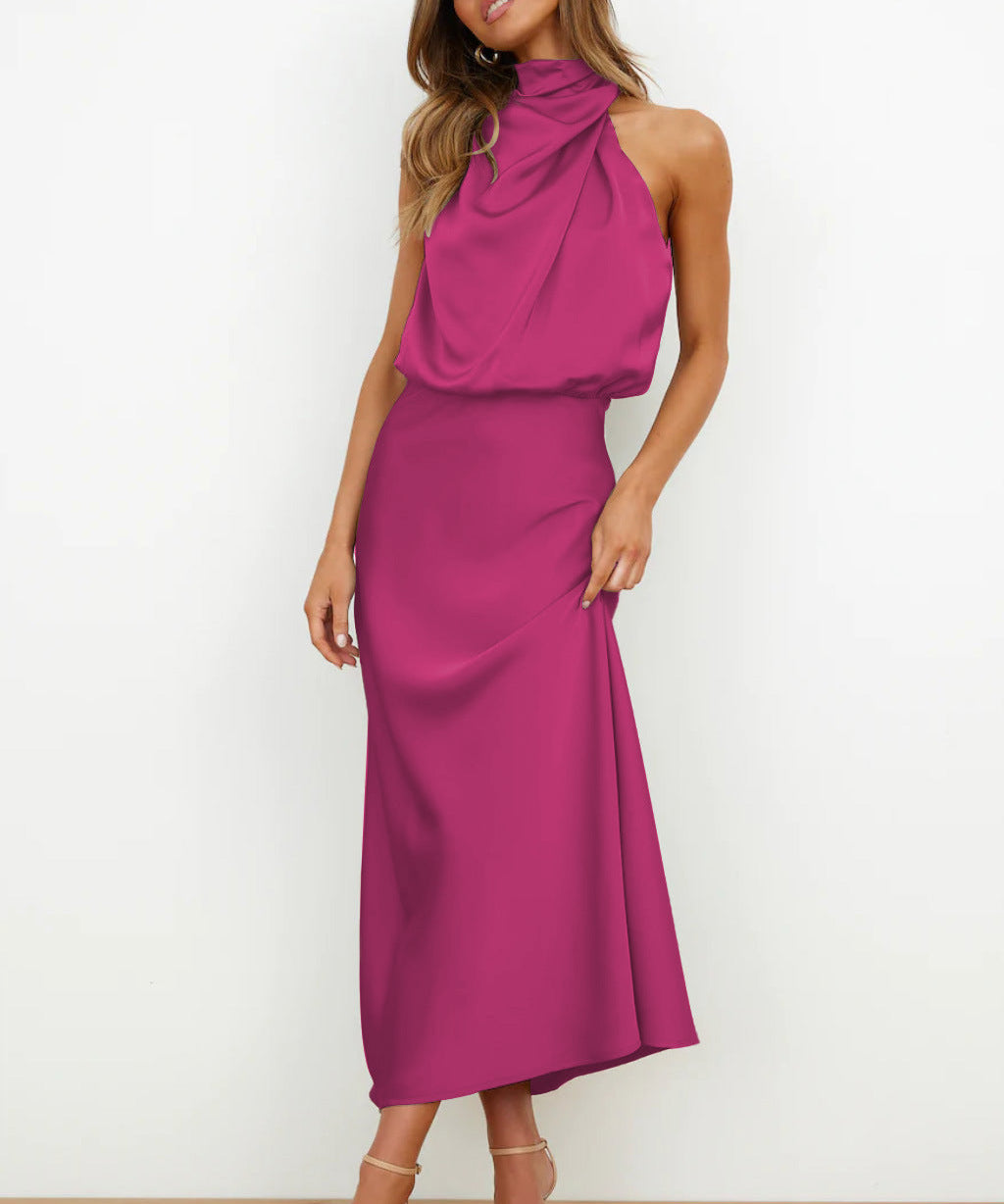 Amelie satijnen halterjurk dames – elegante midi-jurk met watervalhals