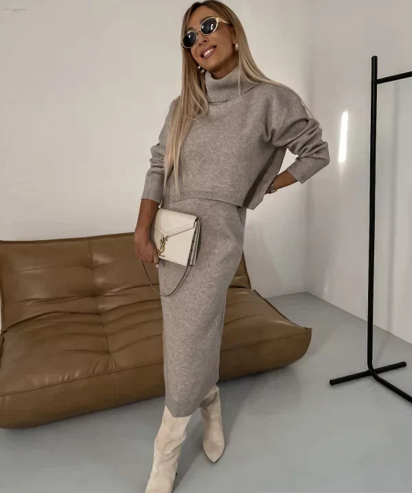 Solange dames set – elegante midi-jurk met bijpassende coltrui voor herfst en winter