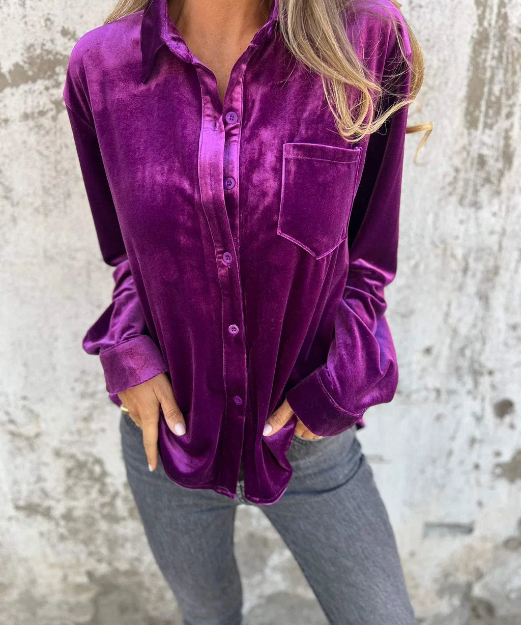 Fleur dames fluwelen overhemd – luxe blouse met zachte glans en elegante pasvorm