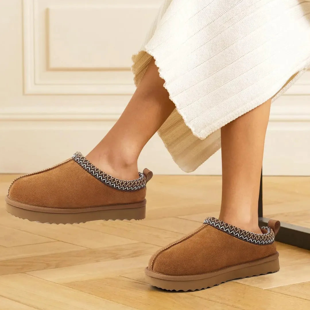 Leren pantoffels dames – luxe suède sloffen met warme pluche voering