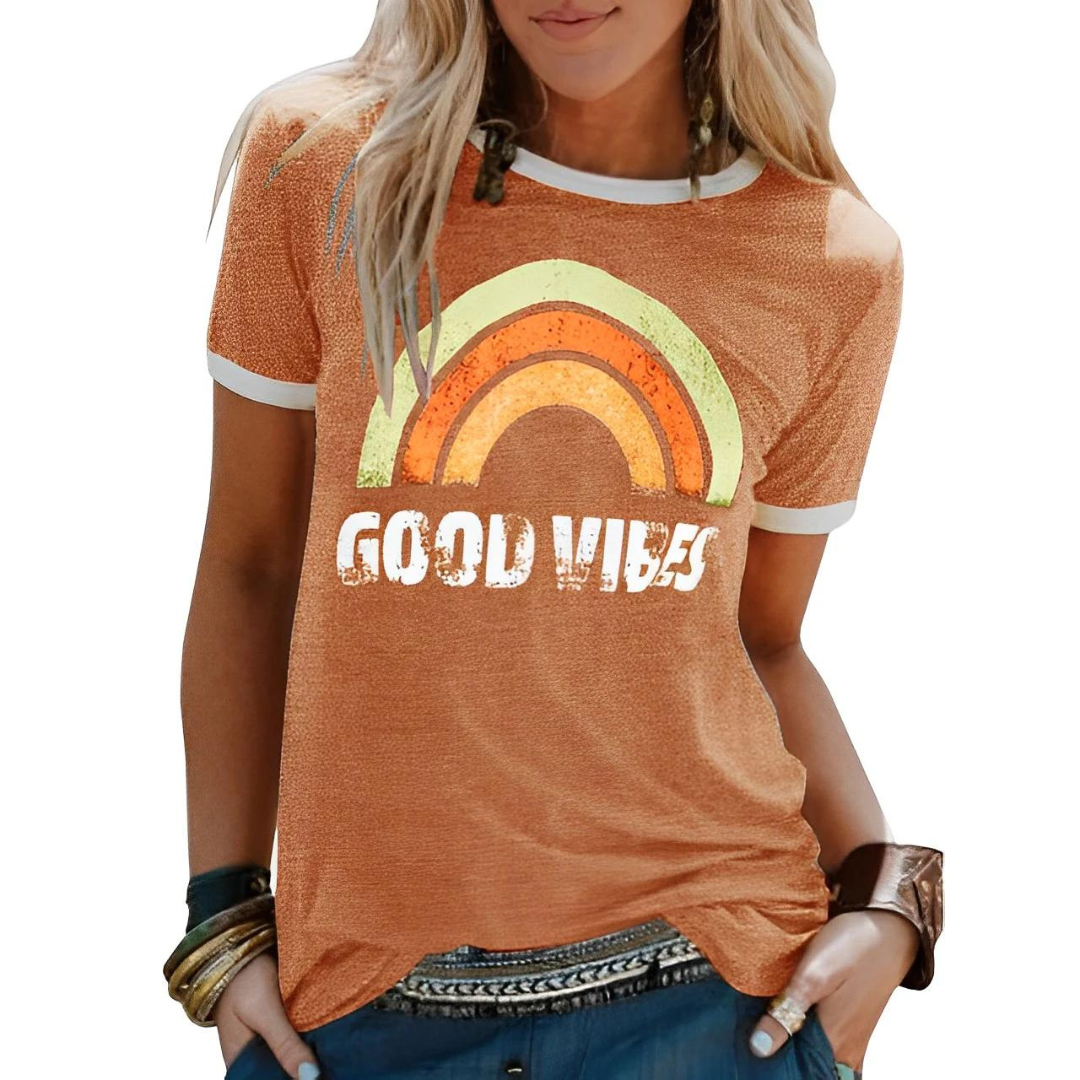 Good Vibes shirt Brandi – regenboogprint dames T-shirt katoenmix