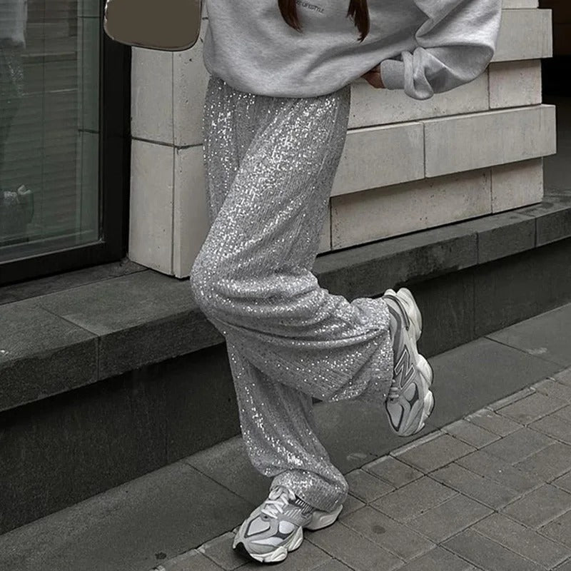 Elegante Wijde Pantalon met Pailletten voor Dames – Luxe Statement Broek