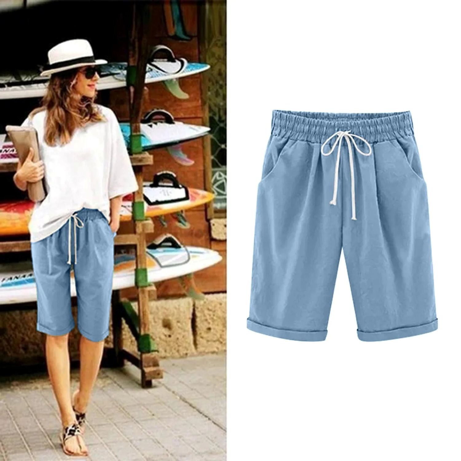 Bermuda shorts dames | Katoen linnen korte broek | Luchtige comfortabele zomershorts