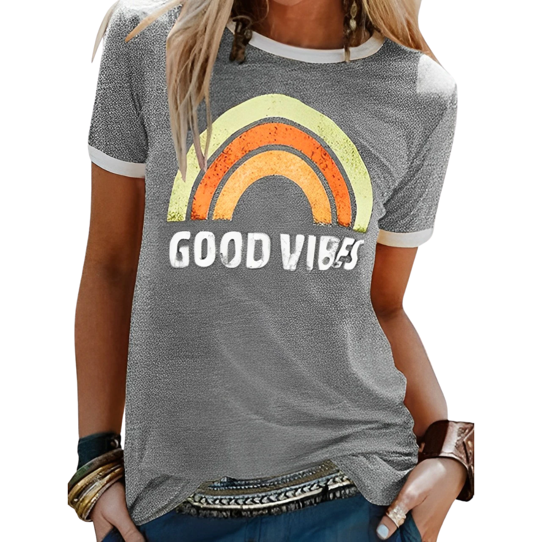 Good Vibes shirt Brandi – regenboogprint dames T-shirt katoenmix