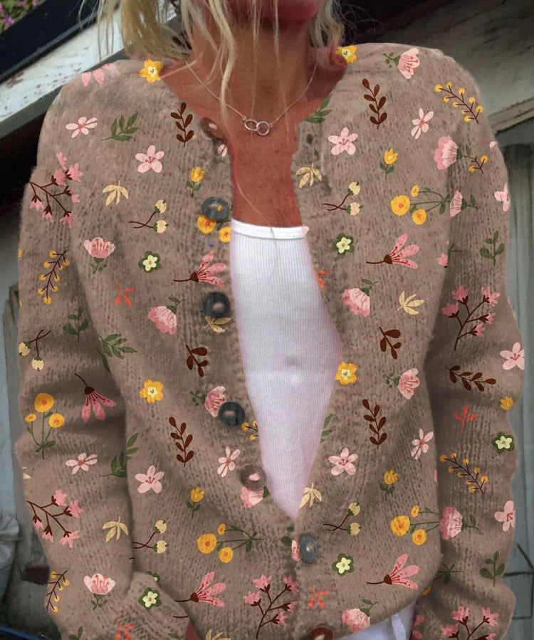 Gebreide Cardigan Dames – Vest met Knopen & Bloemenprint | Comfortabele Damestrui