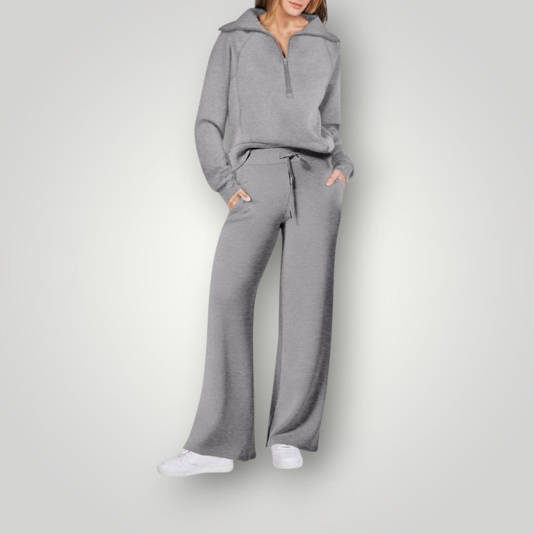 Nelleke | Dames Relaxte Loungeset | Twee-Delige Set met Rits-Top en Wijde Broek