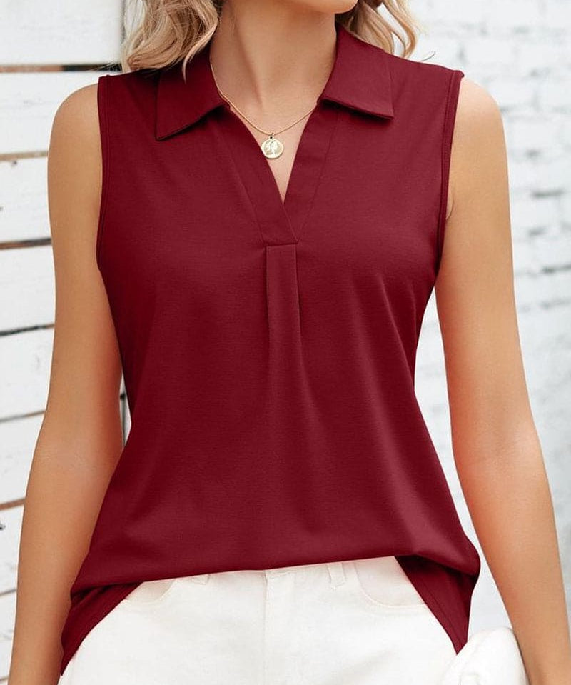 Mouwloze dames blouse Rina – elegante zomerblouse met kraag & O-hals