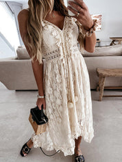 Mara Maxidress – Elegante Boho Zomerjurk met V-Hals en Unieke Details