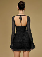 Glitter mesh mini jurk dames – ruched party dress met lange mouwen