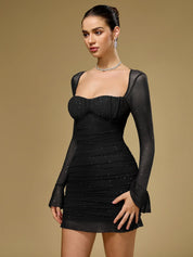 Glitter mesh mini jurk dames – ruched party dress met lange mouwen