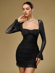 Glitter mesh mini jurk dames – ruched party dress met lange mouwen