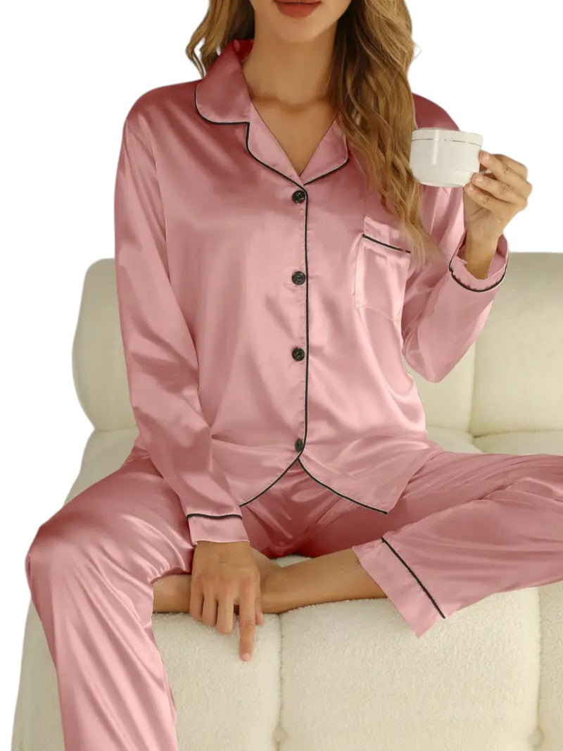 Dames pyjamaset satijn | Luxe satijnen pyjama met glans | Comfortabele slaapset