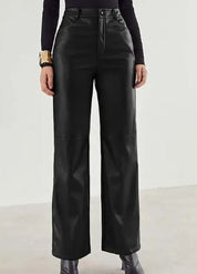 Dames Leren Broek – High-Waist Broek met Wijde Pijpen, Volledige Lengte & Zakken