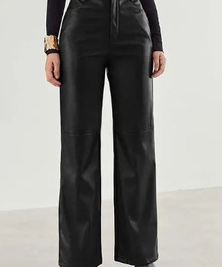 Dames Leren Broek – High-Waist Broek met Wijde Pijpen, Volledige Lengte & Zakken