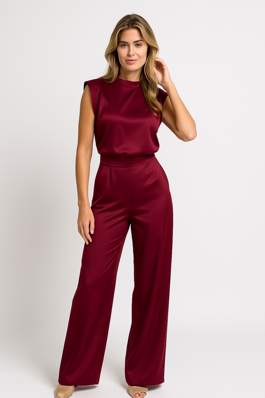 Dames Jumpsuit – Chique Satijnlook met Wijde Pijpen, Open Rug & Luxe Pasvorm