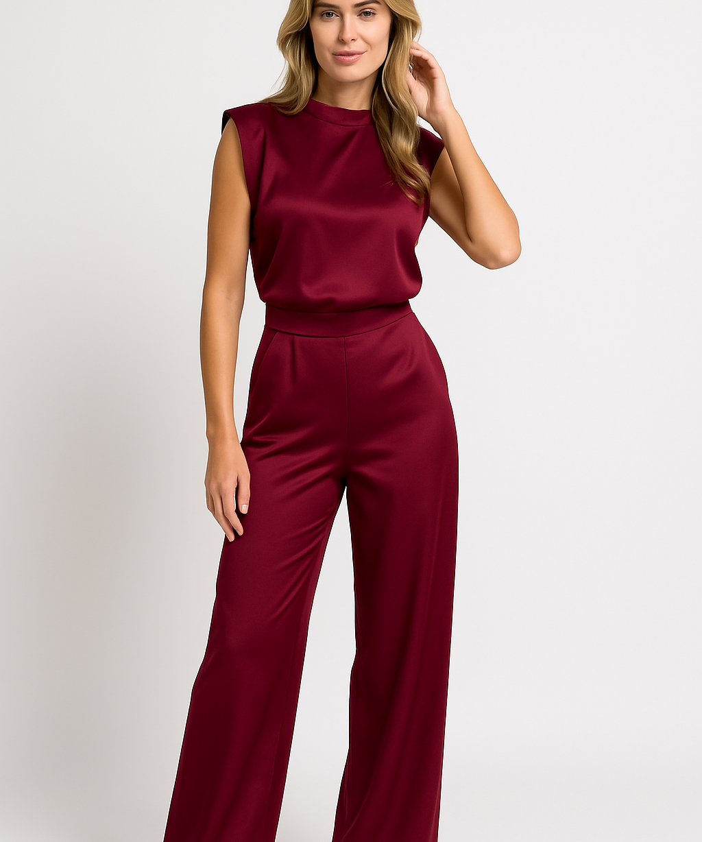CATHARINA dames jumpsuit – satijnlook met open rug & wijde pijpen