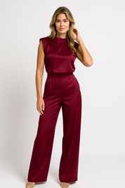 CATHARINA dames jumpsuit – satijnlook met open rug & wijde pijpen
