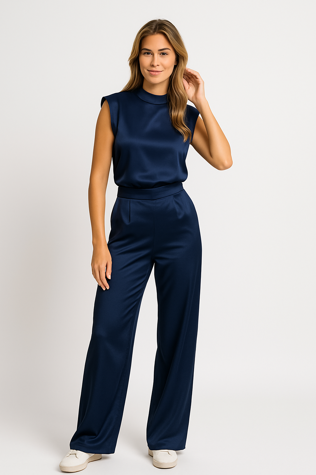 Dames Jumpsuit – Chique Satijnlook met Wijde Pijpen, Open Rug & Luxe Pasvorm