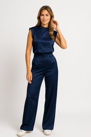 Dames Jumpsuit – Chique Satijnlook met Wijde Pijpen, Open Rug & Luxe Pasvorm