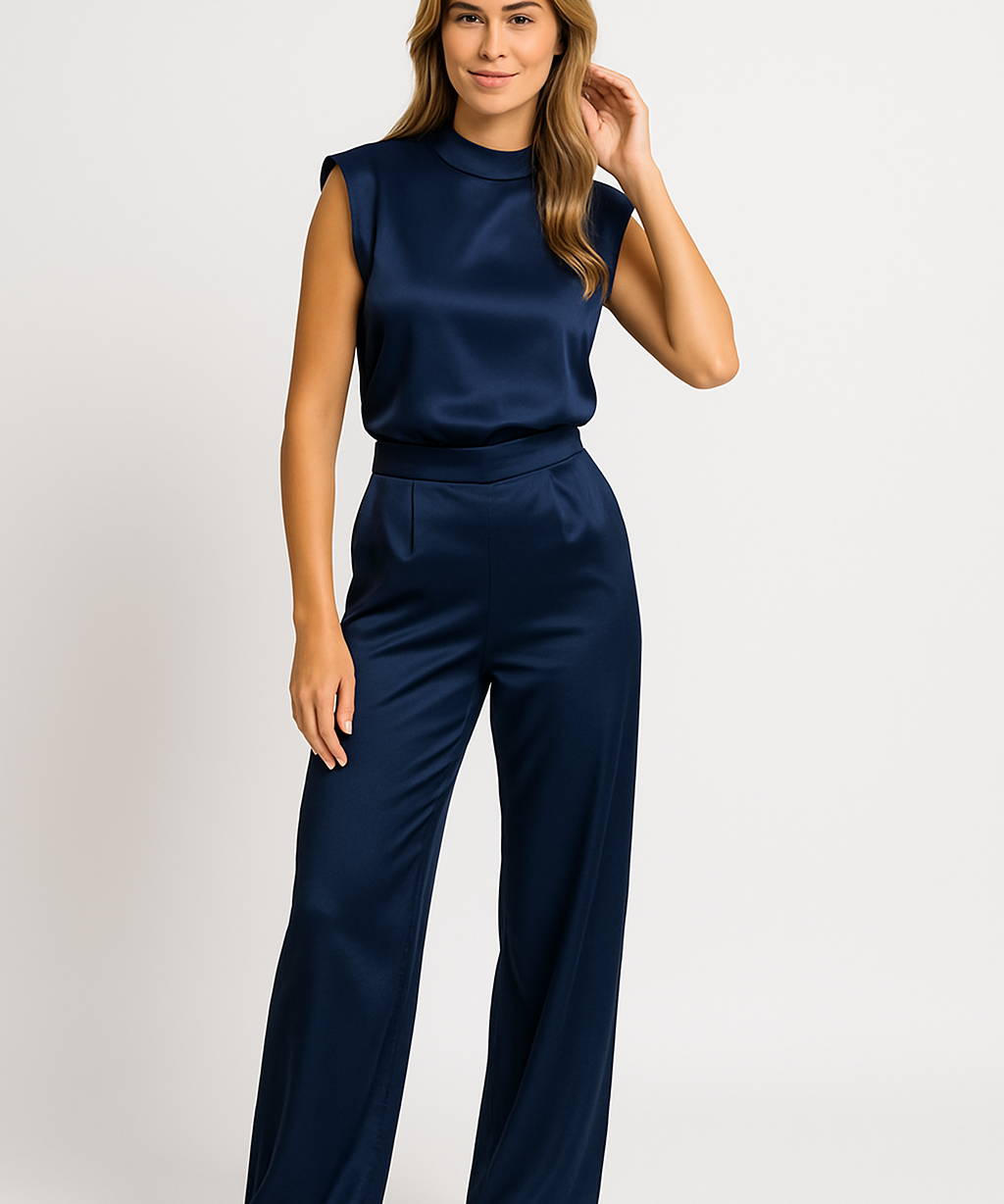 CATHARINA dames jumpsuit – satijnlook met open rug & wijde pijpen