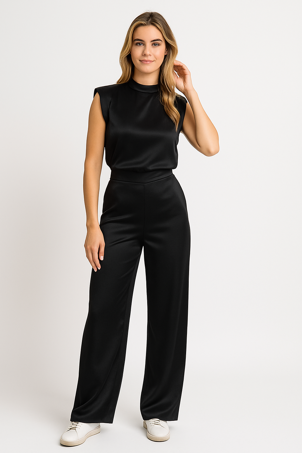 Dames Jumpsuit – Chique Satijnlook met Wijde Pijpen, Open Rug & Luxe Pasvorm