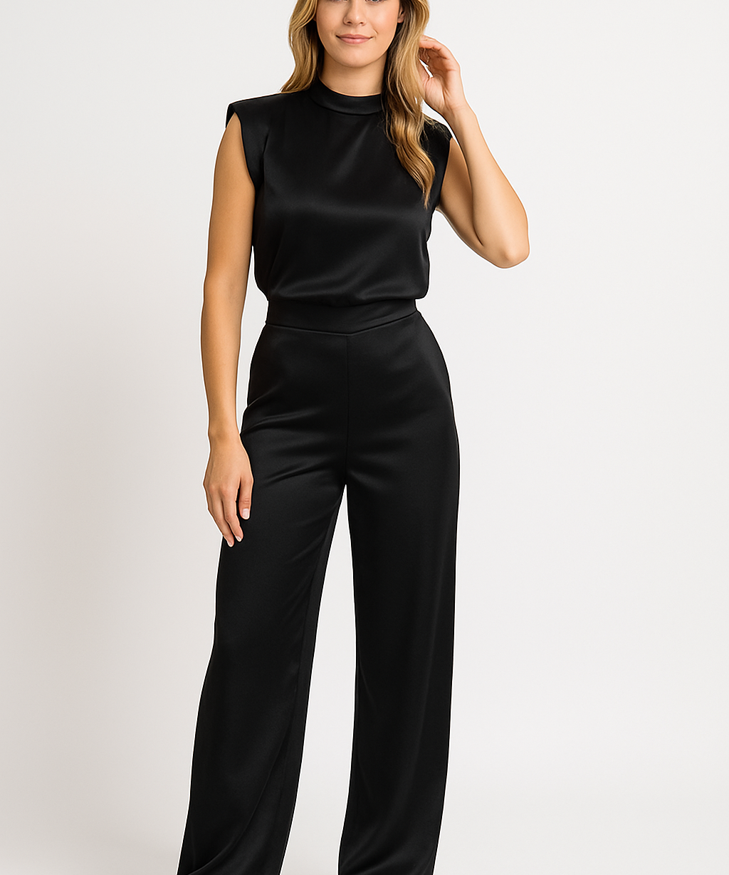 CATHARINA dames jumpsuit – satijnlook met open rug & wijde pijpen